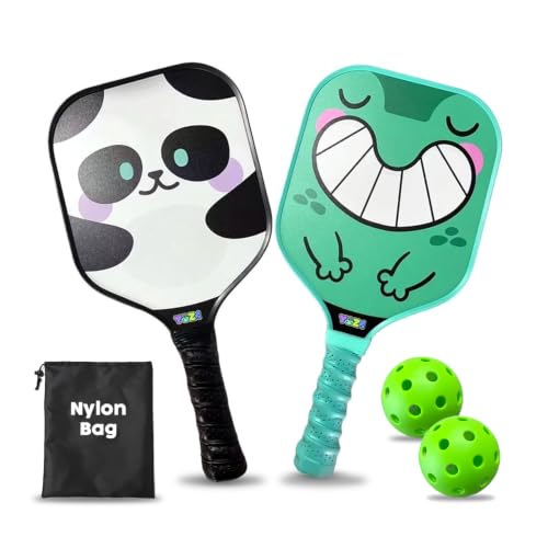 Kids Pickleball Paddle Set of 2 - Panda & Frog Pickleball Paddles with 2 Balls, Lightweight, Fiberglass, Better Control, Beginner Racket, Perfect Pickleball Gift for Children Ages 4-12, Yoza