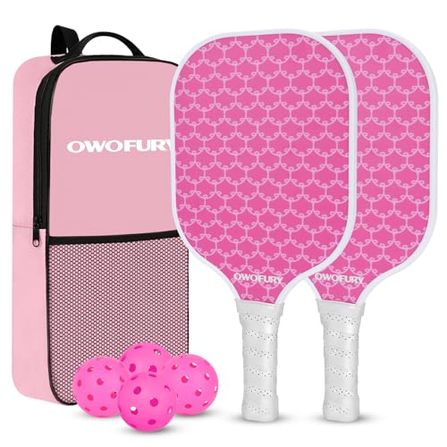 OWOFURY Pickleball Paddles Set of 2, Fiberglass Surface Pickleball Rackets Lightweight Honeycomb Core with 4 Outdoor Indoor Balls and Bag for Men Women Cute Pink