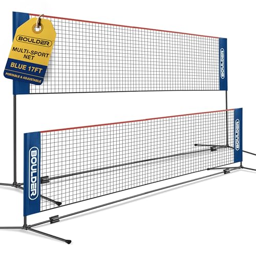 BOULDER Portable Badminton Pickleball Net - Foldable / Extendable Poles for Multiple Sports Heights (UP to 5 ft) - Ideal for Tennis, Pickleball, Soccer Tennis - Easy Setup (Blue, 17 FT)